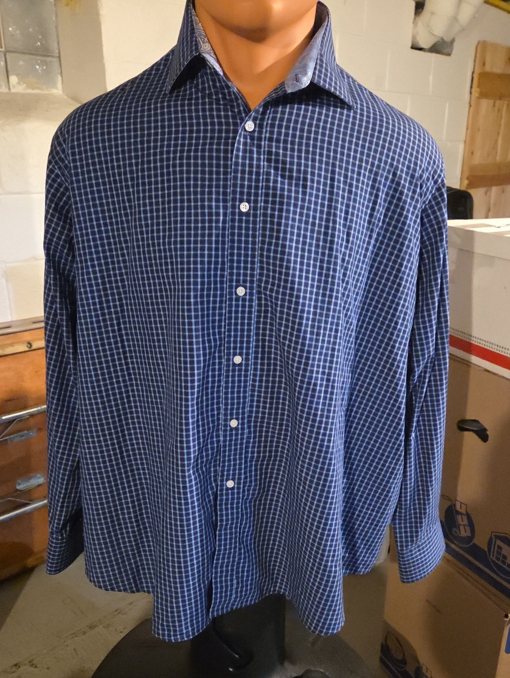 Men's Navy Blue Checked Dress Shirt - Classic Button-Up